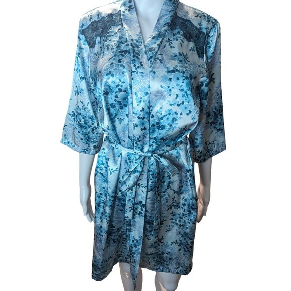 Secret Treasures Women's Silky w/Lace Blue Floral & Paisley Print Robe w/Tie SzM - Picture 7 of 9